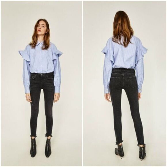 Zara Blue and White Striped Ruffle Sleeve Button-Down Shirt - Picture 8 of 11